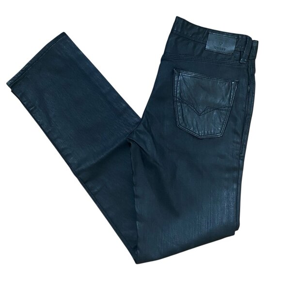 Guess Jeans Men's 30 Black Coated Denim Straight Low Rise Faux Leather Pockets